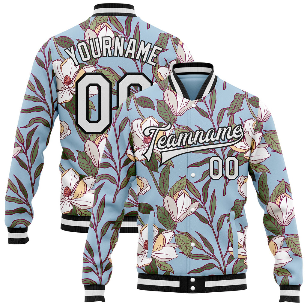 Custom Blue White-Black Louisiana State Flower Magnolia Bomber Full-Snap Varsity Letterman Jacket