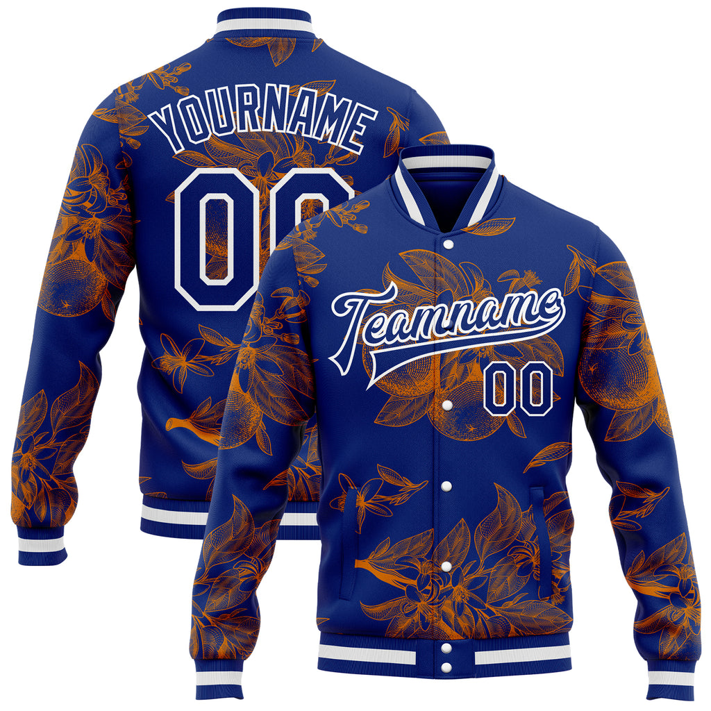 Custom Royal Orange-White Louisiana State Flower Magnolia Bomber Full-Snap Varsity Letterman Jacket