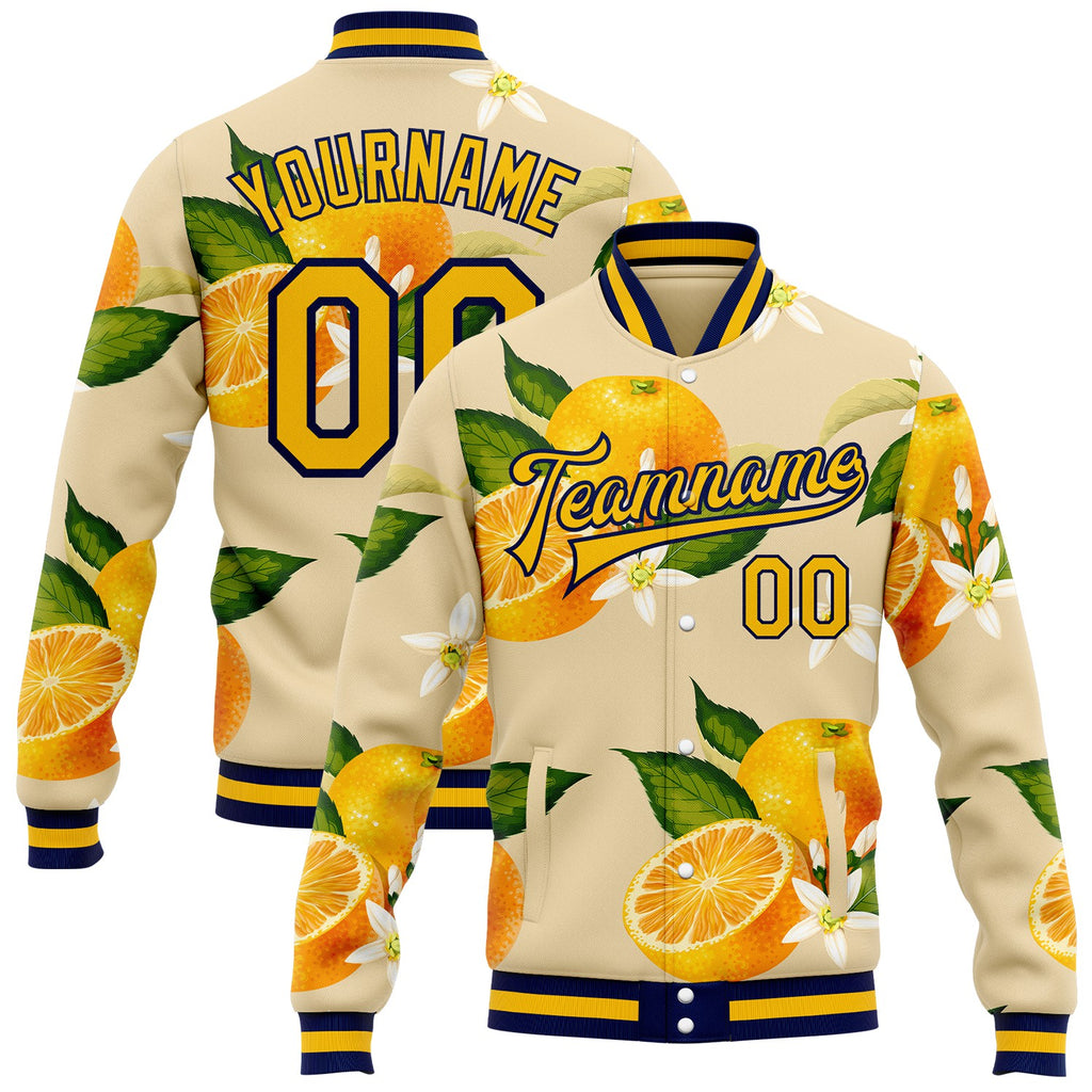 Custom Cream Gold Navy-White Florida State Flower Orange Blossom Bomber Full-Snap Varsity Letterman Jacket