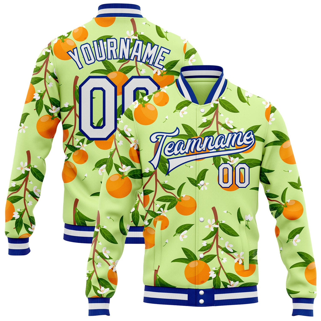 Custom Green White-Royal Florida State Flower Orange Blossom Bomber Full-Snap Varsity Letterman Jacket