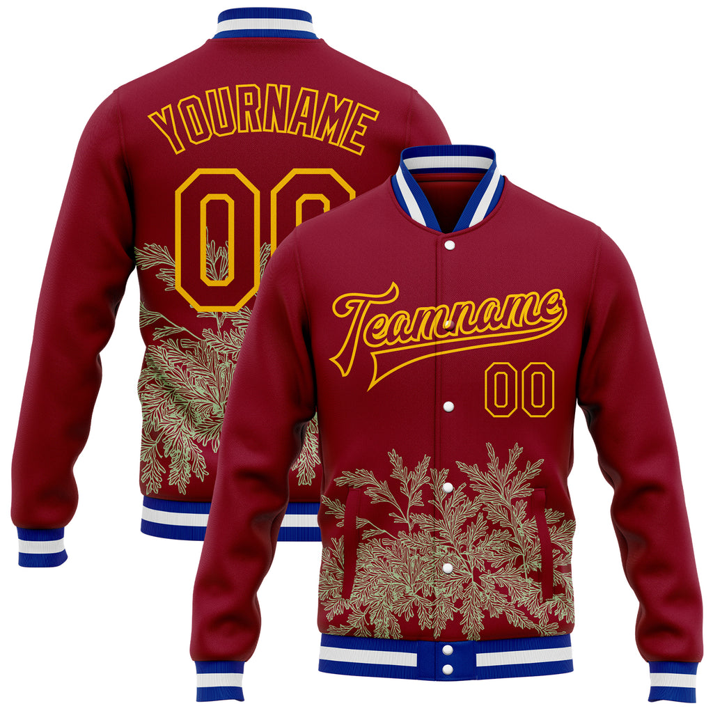 Custom Crimson Gold-White Nevada State Flower Sagebrush Bomber Full-Snap Varsity Letterman Jacket