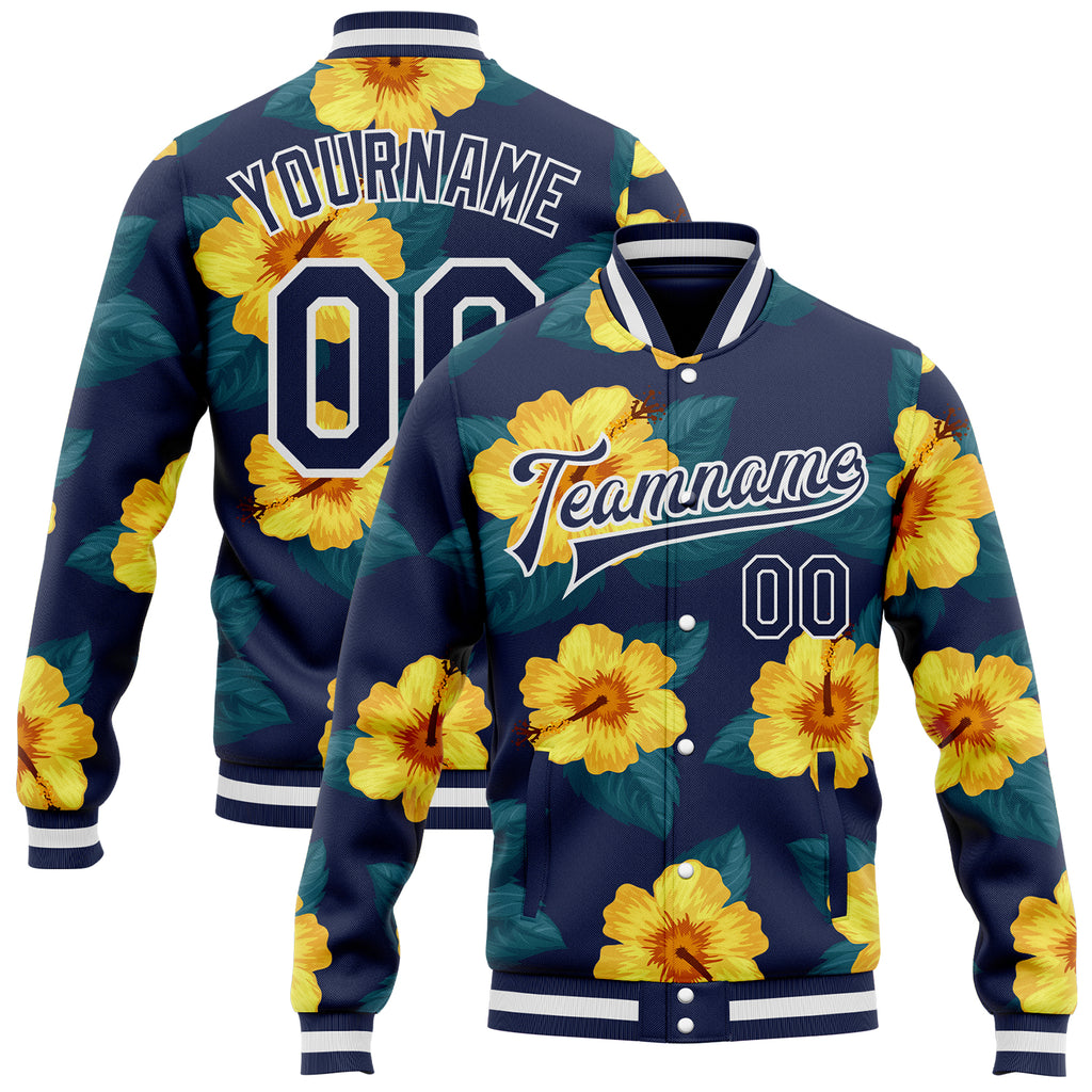 Custom Navy-White Hawaii State Flower Yellow Hibiscus Bomber Full-Snap Varsity Letterman Jacket