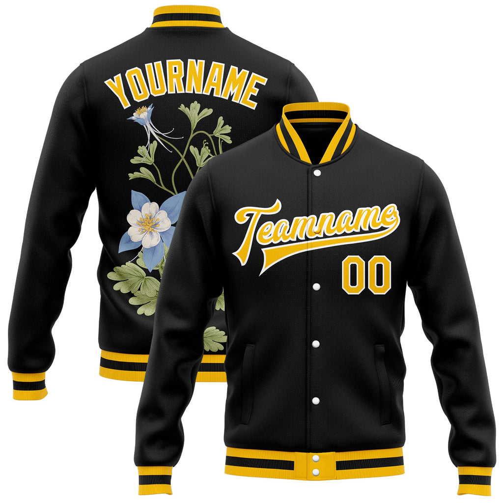 Custom Black Gold-White Colorado State Flower Rocky Mountain Columbine Bomber Full-Snap Varsity Letterman Jacket