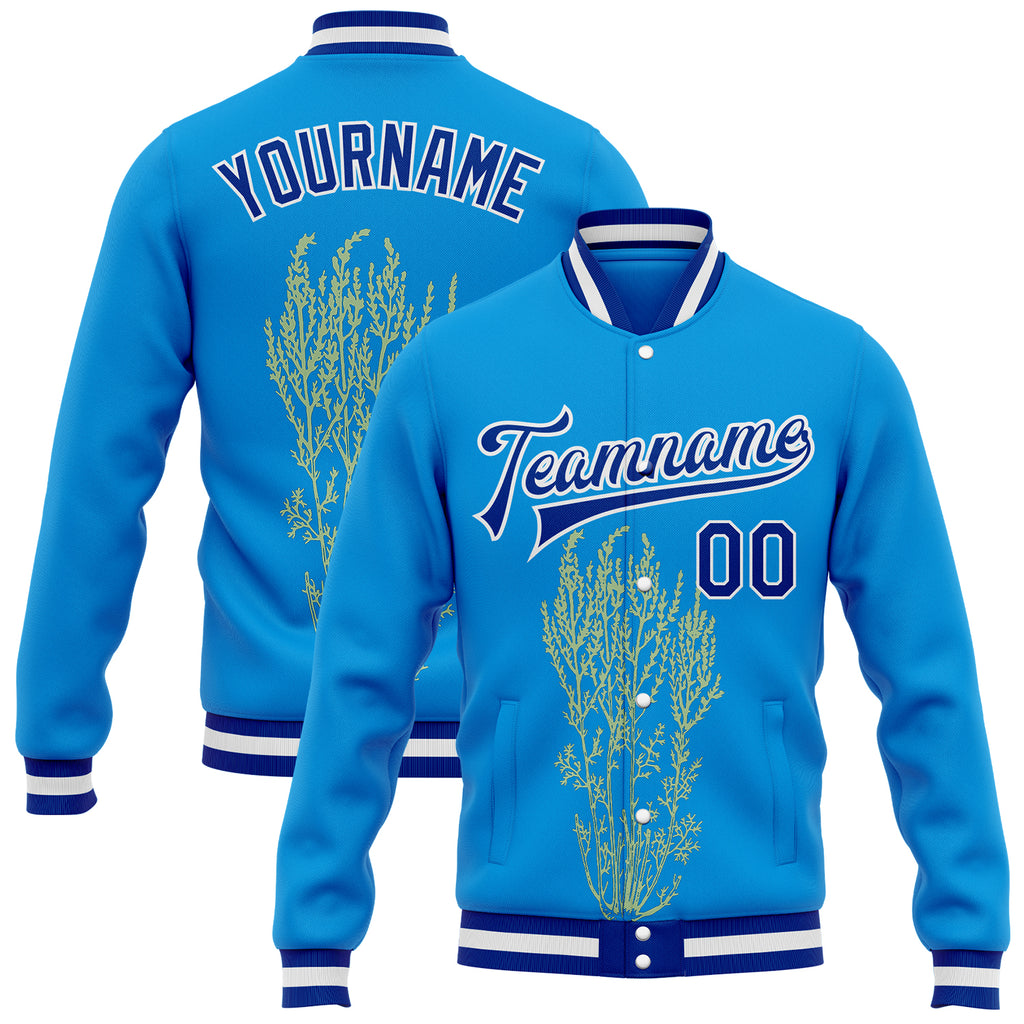 Custom Powder Blue Royal-White Nevada State Flower Sagebrush Bomber Full-Snap Varsity Letterman Jacket