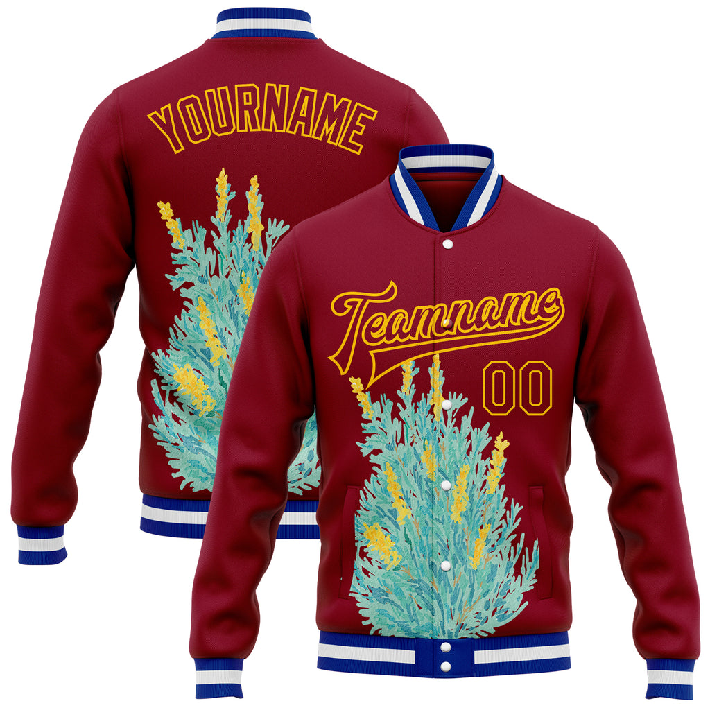 Custom Crimson Gold-White Nevada State Flower Sagebrush Bomber Full-Snap Varsity Letterman Jacket