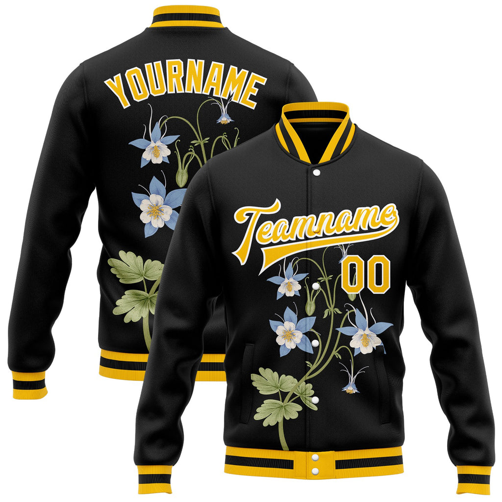 Custom Black Gold-White Colorado State Flower Rocky Mountain Columbine Bomber Full-Snap Varsity Letterman Jacket