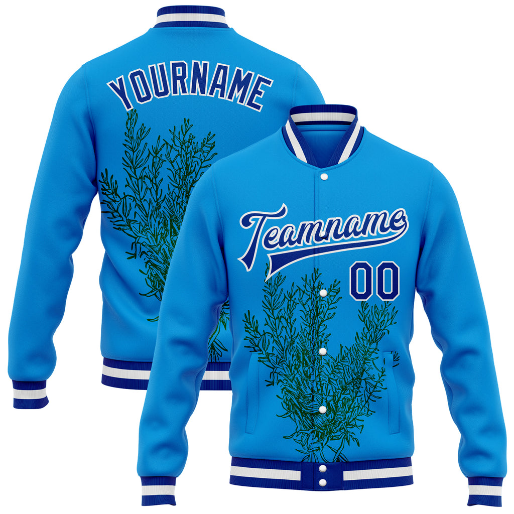 Custom Powder Blue Royal-White Nevada State Flower Sagebrush Bomber Full-Snap Varsity Letterman Jacket