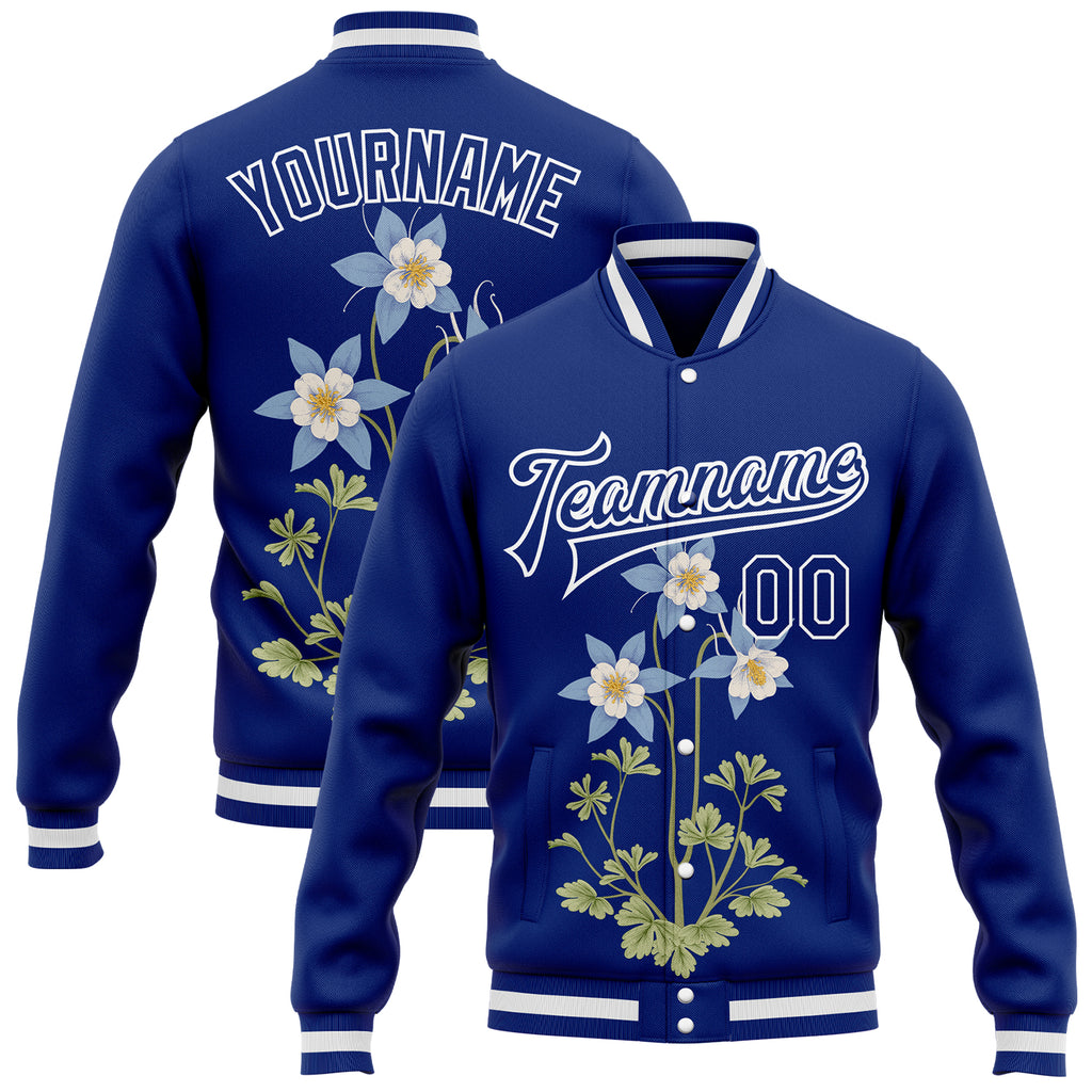 Custom Royal-White Colorado State Flower Rocky Mountain Columbine Bomber Full-Snap Varsity Letterman Jacket