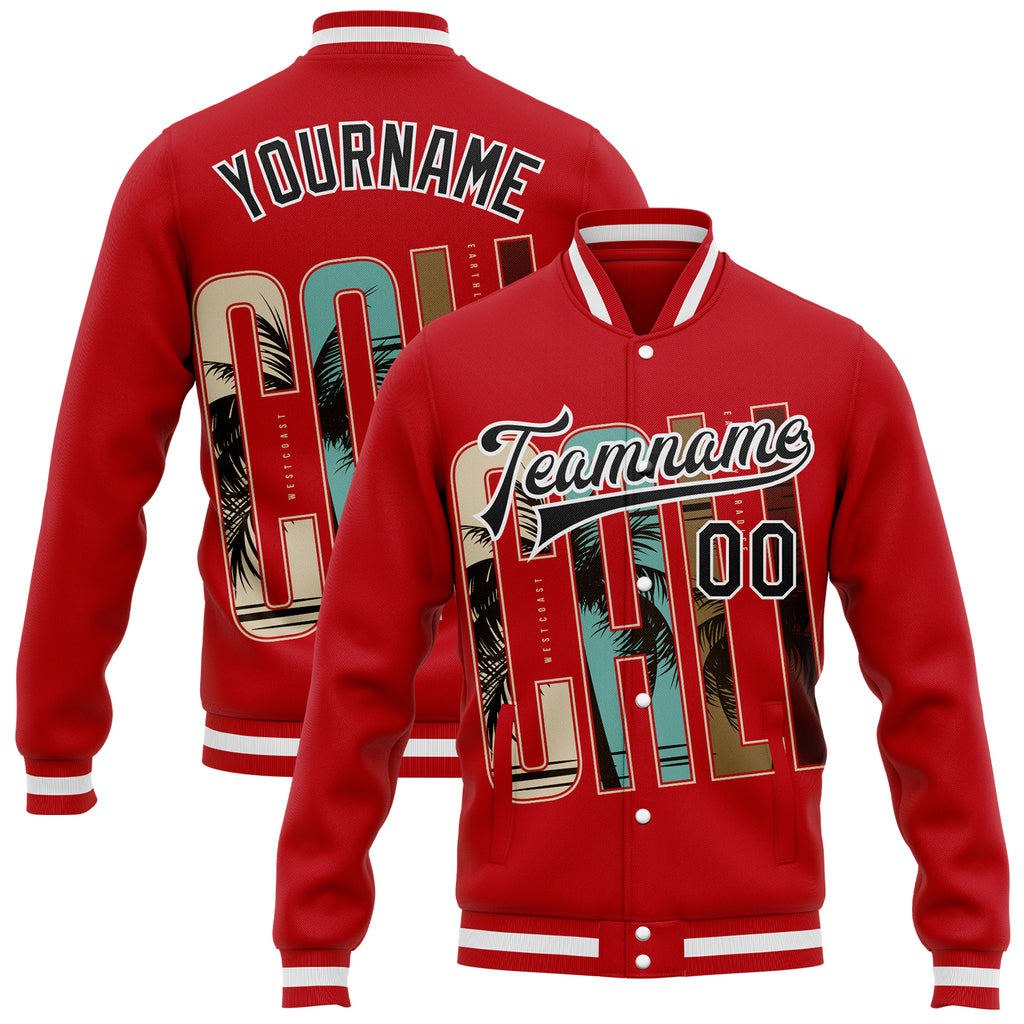 Custom Red Black-White California West Coast Tropical Palm Trees Bomber Full-Snap Varsity Letterman Jacket