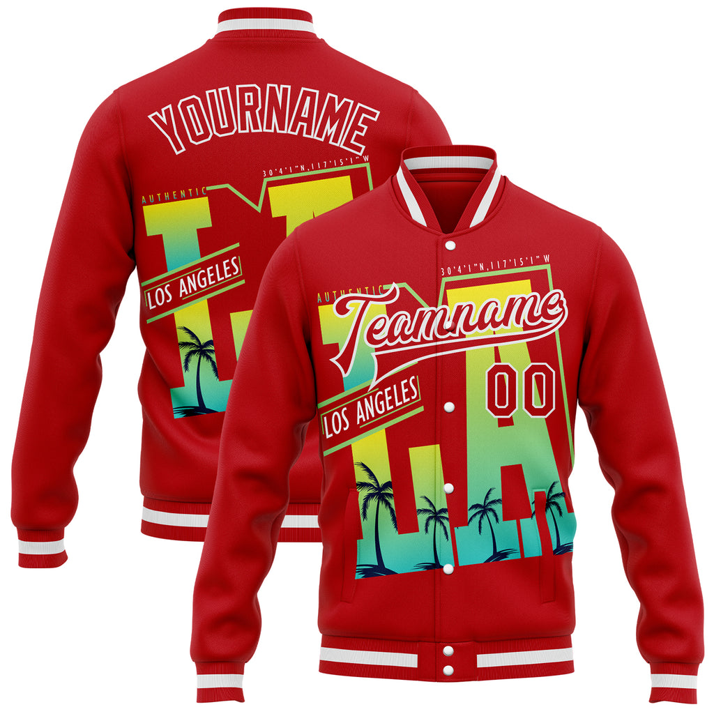 Custom Red-White Los Angeles Tropical Palm Trees Bomber Full-Snap Varsity Letterman Jacket