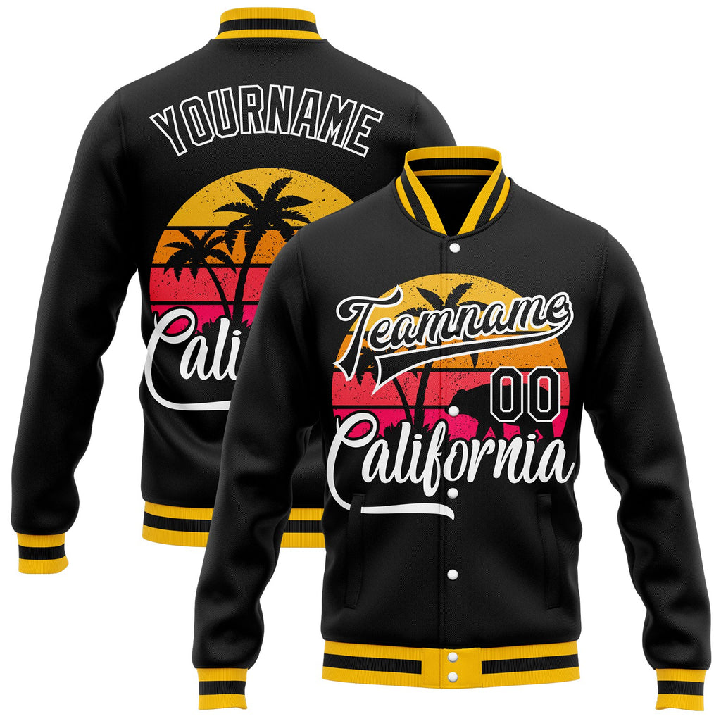 Custom Black-White California Bear Tropical Palm Trees Bomber Full-Snap Varsity Letterman Jacket
