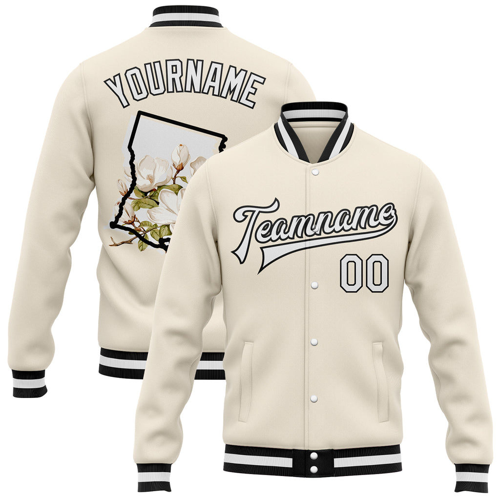 Custom Cream White-Black Louisiana State Flower Magnolia Bomber Full-Snap Varsity Letterman Jacket