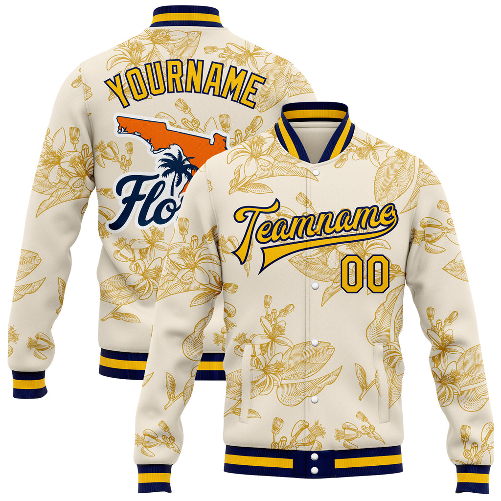 Custom Cream Gold Navy-White Florida State Flower Orange Blossom Bomber Full-Snap Varsity Letterman Jacket