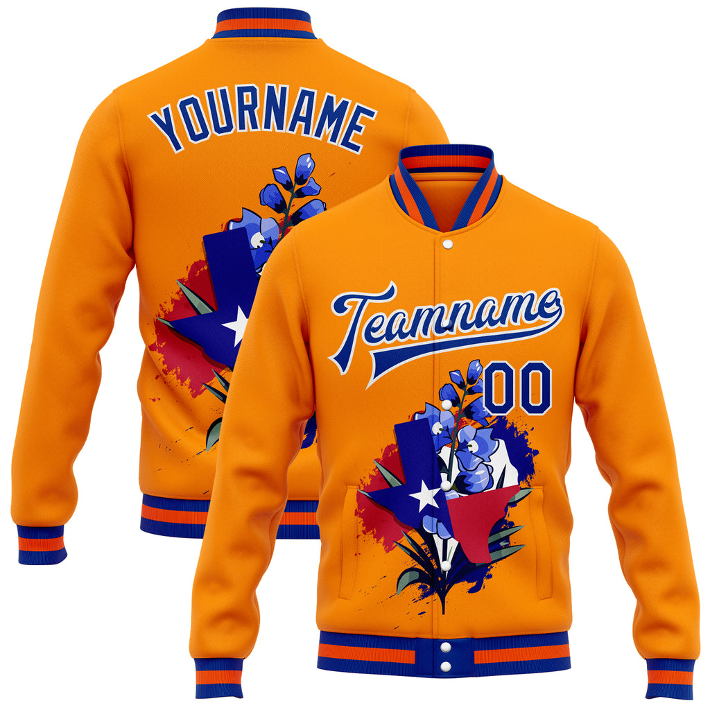 Custom Bay Orange Royal-White Texas State Flower Bluebonnet Bomber Full-Snap Varsity Letterman Jacket