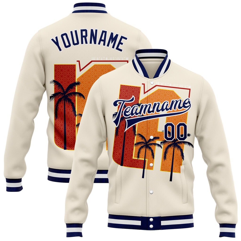 Custom Cream Navy-White Los Angeles Tropical Palm Trees Bomber Full-Snap Varsity Letterman Jacket