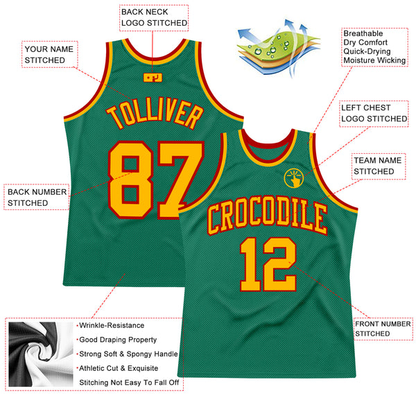 Custom Kelly Green Gold-Red Authentic Throwback Basketball Jersey
