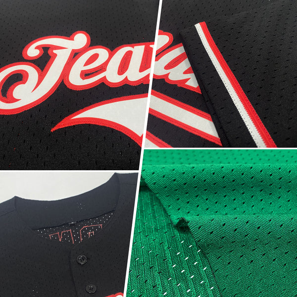 Custom Kelly Green Red-Gold Mesh Authentic Throwback Baseball Jersey