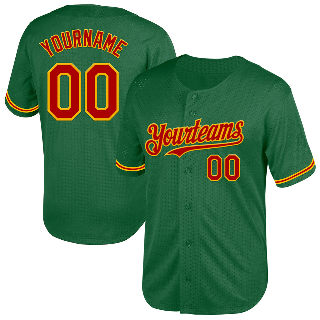 Custom Kelly Green Red-Gold Mesh Authentic Throwback Baseball Jersey