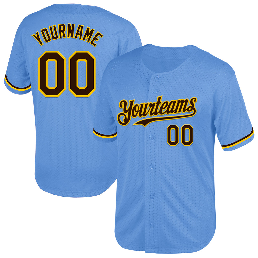 Custom Light Blue Brown-Yellow Mesh Authentic Throwback Baseball Jersey