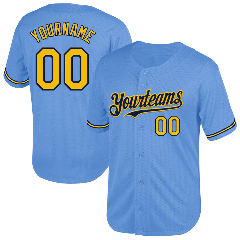 Custom Light Blue Yellow-Navy Mesh Authentic Throwback Baseball Jersey