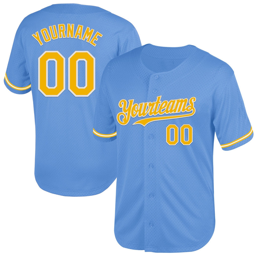 Custom Light Blue Gold-White Mesh Authentic Throwback Baseball Jersey