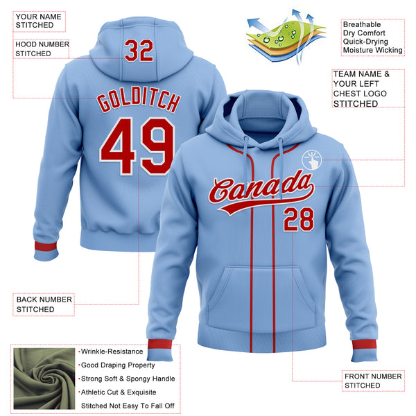 Custom Stitched Light Blue Red-White Baseball Pullover Sweatshirt Hoodie