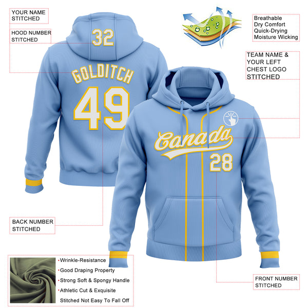 Custom Stitched Light Blue White-Yellow Baseball Pullover Sweatshirt Hoodie