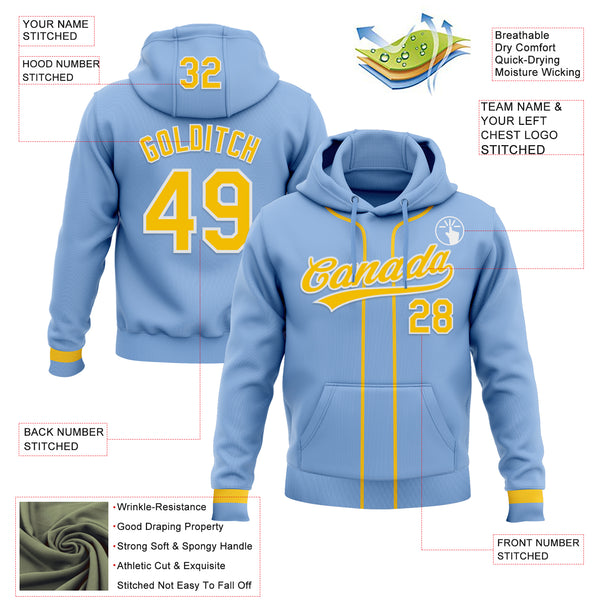 Custom Stitched Light Blue Yellow-White Baseball Pullover Sweatshirt Hoodie