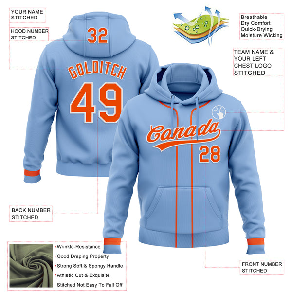 Custom Stitched Light Blue Orange-White Baseball Pullover Sweatshirt Hoodie
