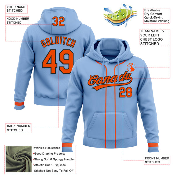 Custom Stitched Light Blue Orange-Black Baseball Pullover Sweatshirt Hoodie