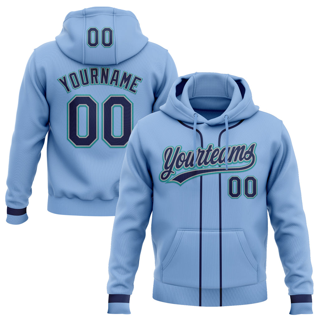 Custom Stitched Light Blue Navy Gray-Teal Baseball Pullover Sweatshirt Hoodie