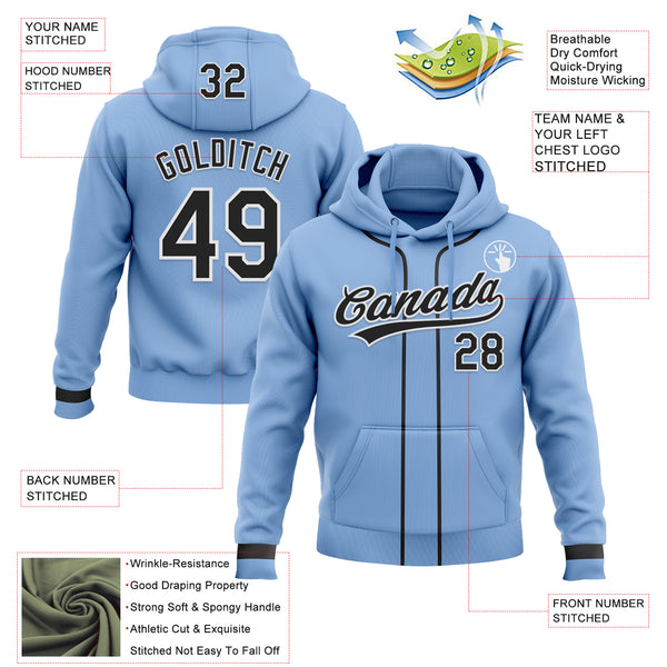 Custom Stitched Light Blue Black-White Baseball Pullover Sweatshirt Hoodie