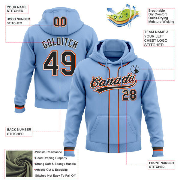 Custom Stitched Light Blue Black White-Orange Baseball Pullover Sweatshirt Hoodie