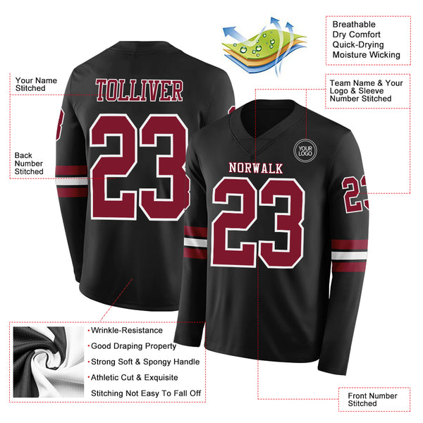 Custom Black Crimson-White Long Sleeve Authentic Football Jersey