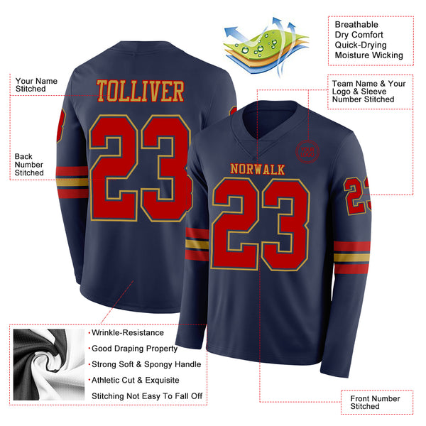 Custom Navy Red-Old Gold Long Sleeve Authentic Football Jersey