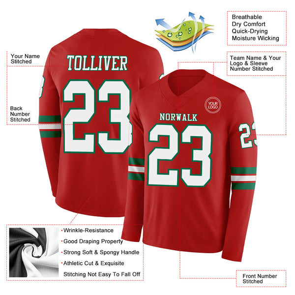 Custom Red White-Kelly Green Long Sleeve Authentic Football Jersey
