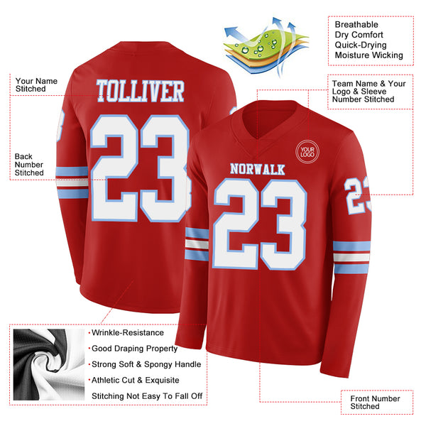 Custom Red White-Light Blue Long Sleeve Authentic Football Jersey