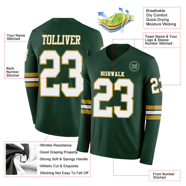 Custom Green White-Old Gold Long Sleeve Authentic Football Jersey
