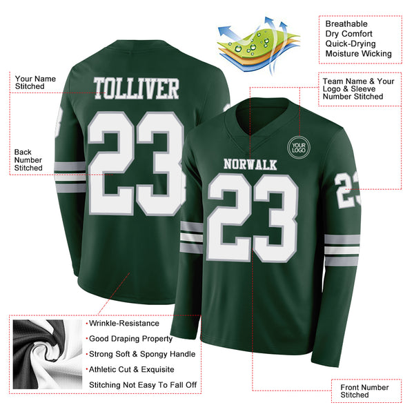 Custom Green White-Gray Long Sleeve Authentic Football Jersey