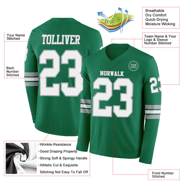 Custom Kelly Green White-Gray Long Sleeve Authentic Football Jersey