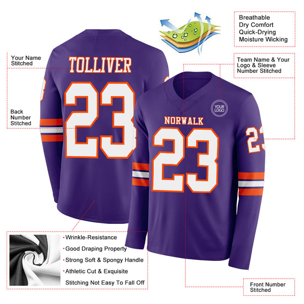 Custom Purple White-Orange Long Sleeve Authentic Football Jersey