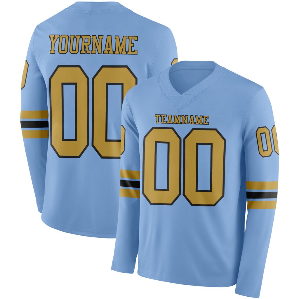 Custom Light Blue Old Gold-Black Long Sleeve Authentic Football Jersey