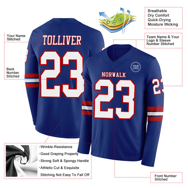 Custom Royal White-Red Long Sleeve Authentic Football Jersey