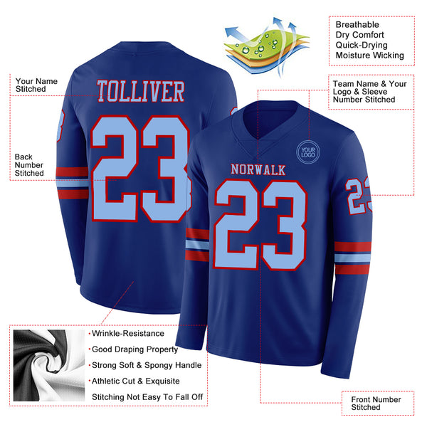 Custom Royal Light Blue-Red Long Sleeve Authentic Football Jersey