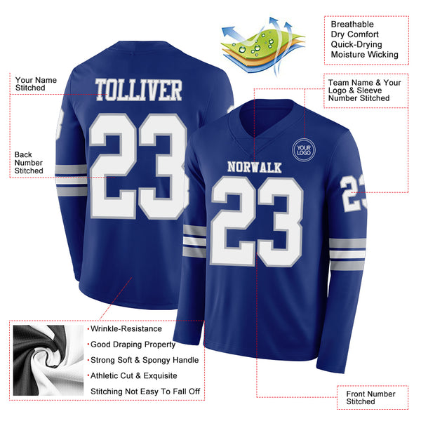 Custom Royal White-Gray Long Sleeve Authentic Football Jersey