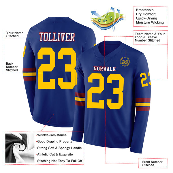 Custom Royal Yellow Crimson-White Long Sleeve Authentic Football Jersey