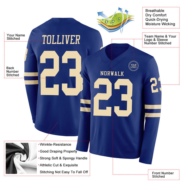 Custom Royal Cream Long Sleeve Authentic Football Jersey