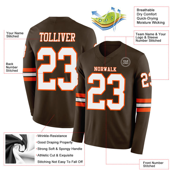 Custom Brwon White-Orange Long Sleeve Authentic Football Jersey