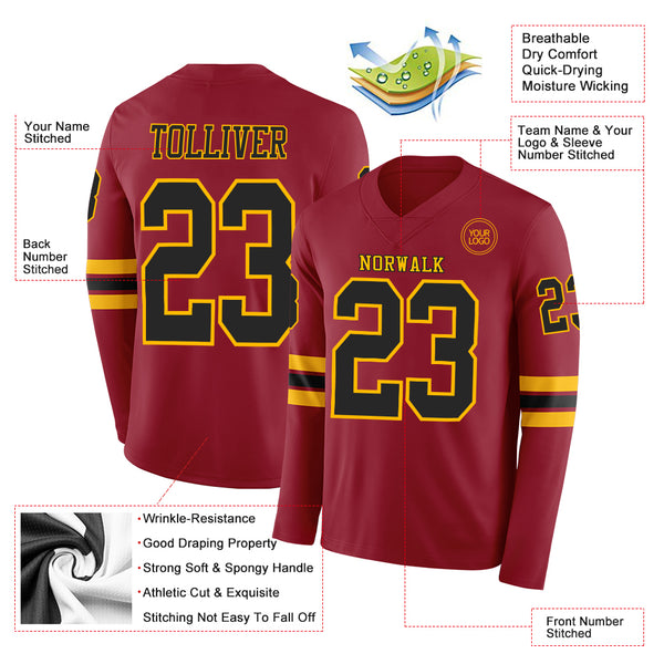 Custom Cardinal Black-Gold Long Sleeve Authentic Football Jersey