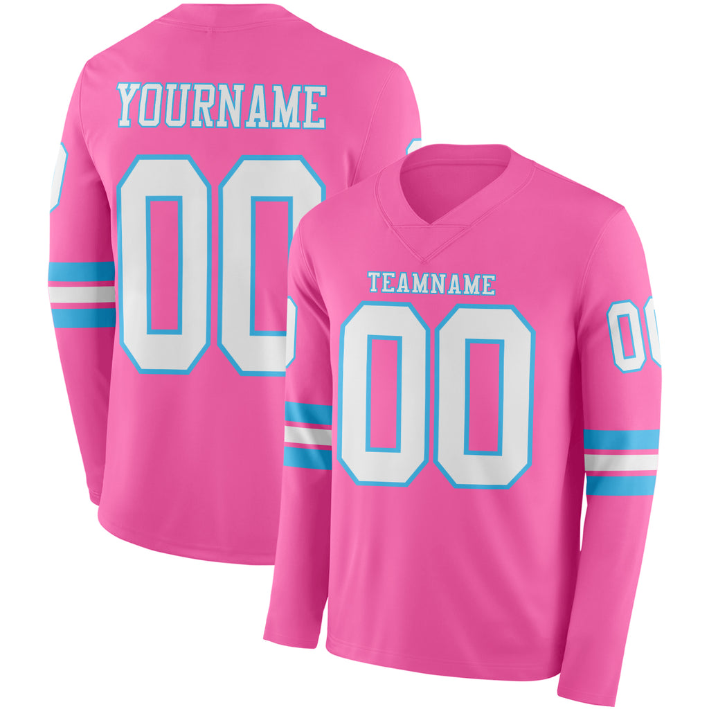 Custom Pink White-Sky Blue Long Sleeve Authentic Football Jersey